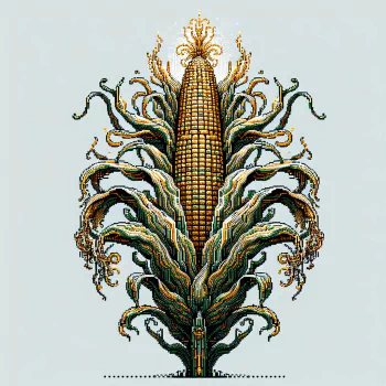 Avatar of a stylized cornstalk with intricate, curling leaves and a golden cob, set against a neutral background.
