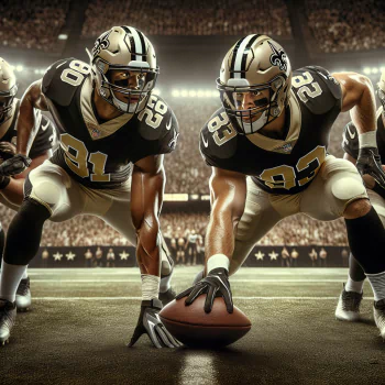 A dynamic forum avatar featuring two New Orleans Saints players in action, poised over a football on the field, showcasing intensity and team spirit.
