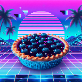 Vibrant avatar featuring a delicious blueberry pie with a retro-futuristic neon grid and palm tree backdrop.