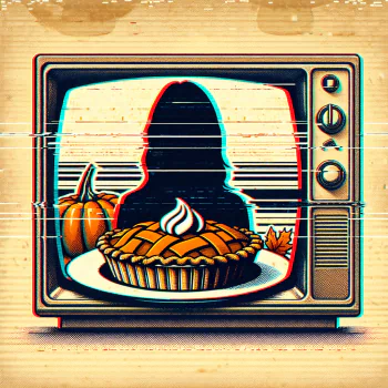 A stylized avatar featuring a pumpkin pie on a plate, with a silhouette in the background and pumpkins beside a retro television, creating a unique forum profile image.