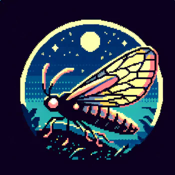 Pixel art avatar featuring a vibrant firefly against a night sky with stars and a luminous moon.