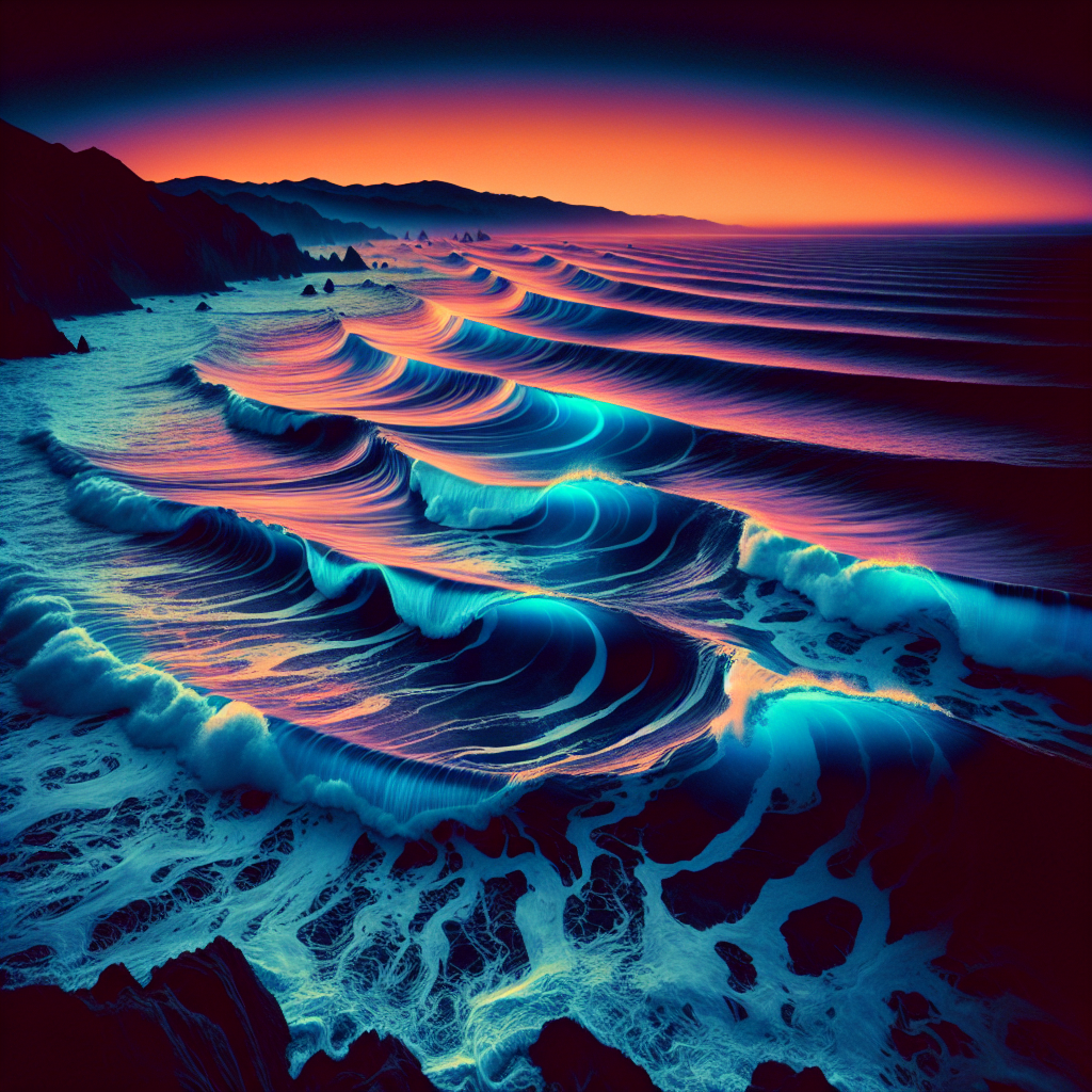 Stylized digital avatar of vibrant ocean waves at sunset with dynamic hues of blue and orange for profile picture use, tagged with wave.