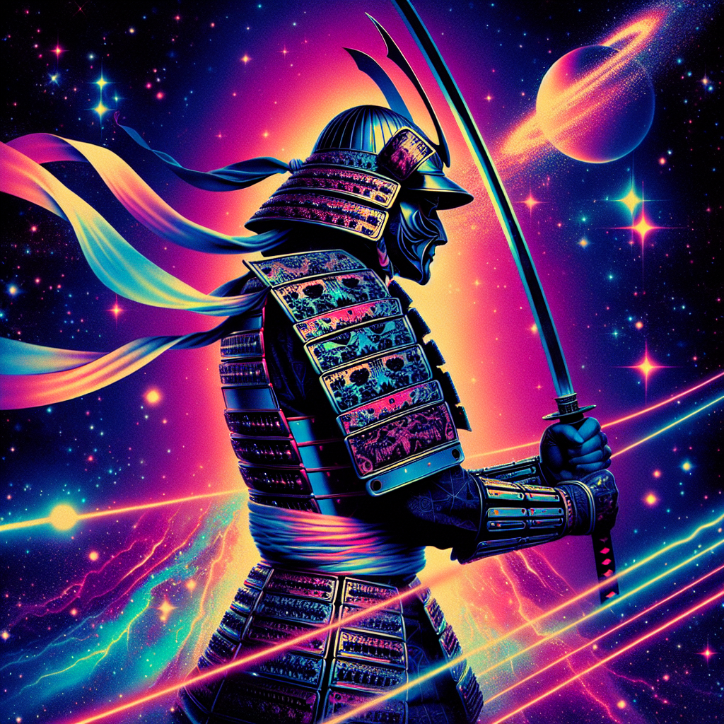Illustrated avatar of a samurai wielding a sword against a vibrant cosmic background, perfect for a profile picture with a samurai sword theme.