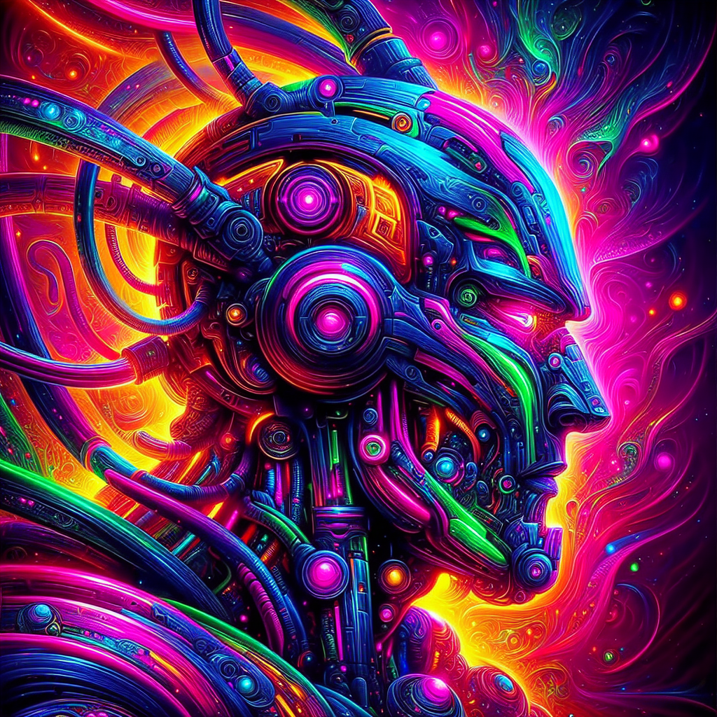 Vibrant mecha-themed avatar with a colorful, intricate robot head design against a swirling psychedelic background.