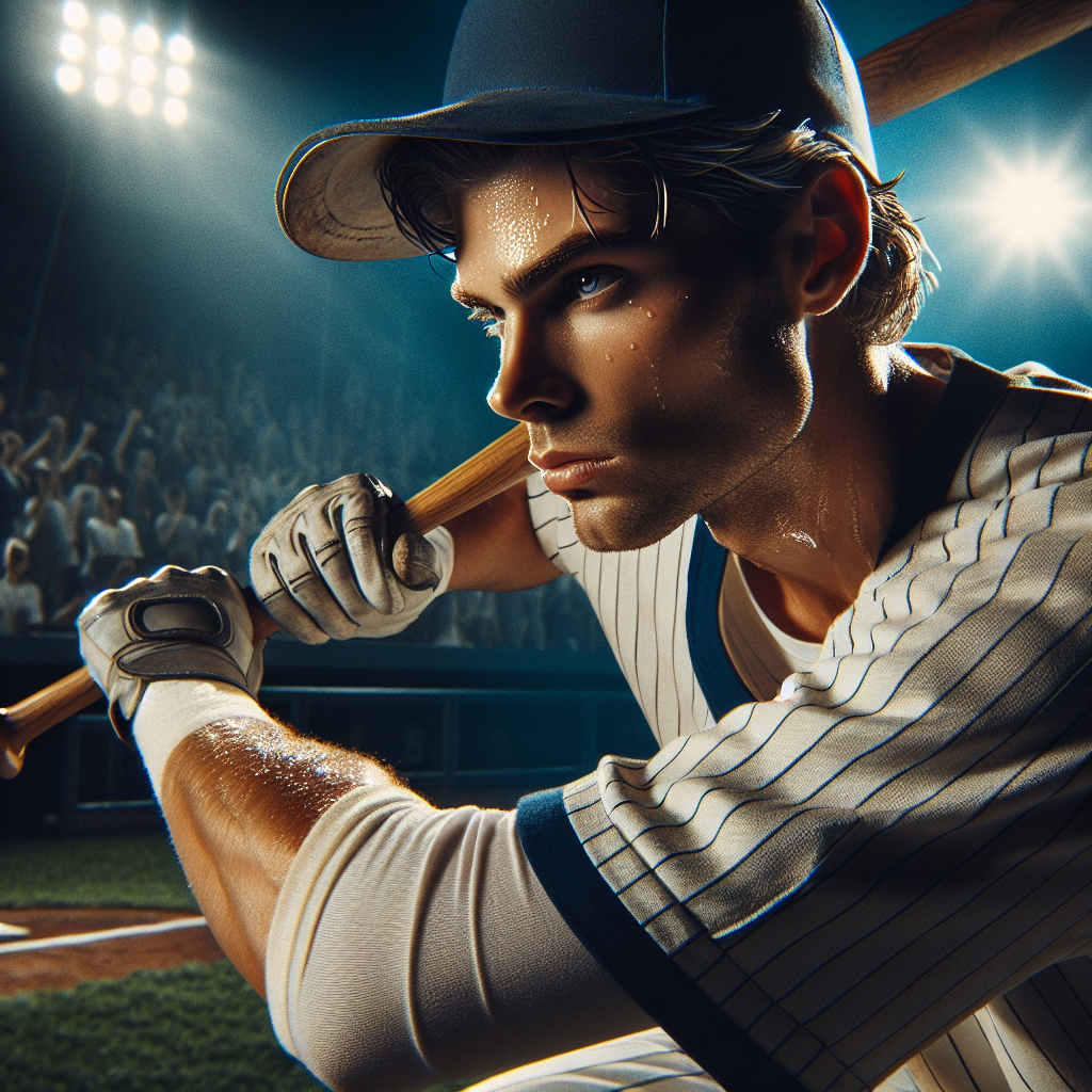Illustration of a focused baseball player with a bat, ready to hit a pitch at night under stadium lights, used as a profile picture.