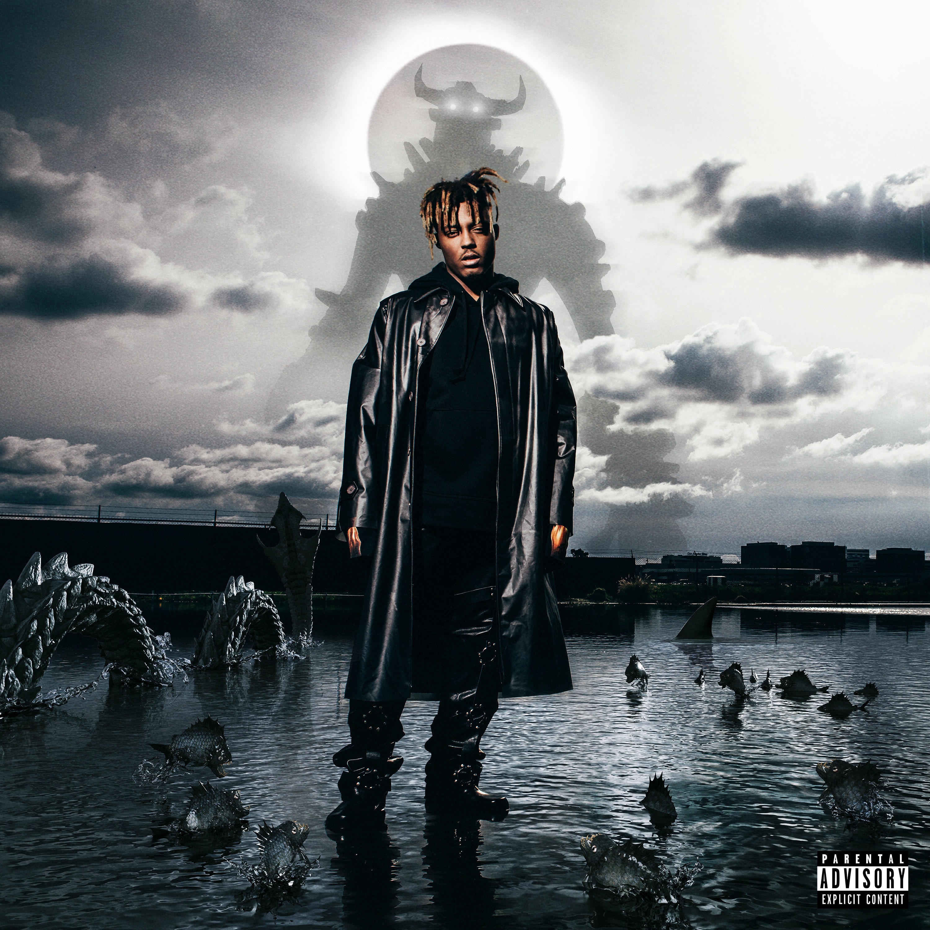 Avatar of a rapper with artistic backdrop featuring a full moon and water with flying birds, representing Juice Wrld in a dramatic setting.