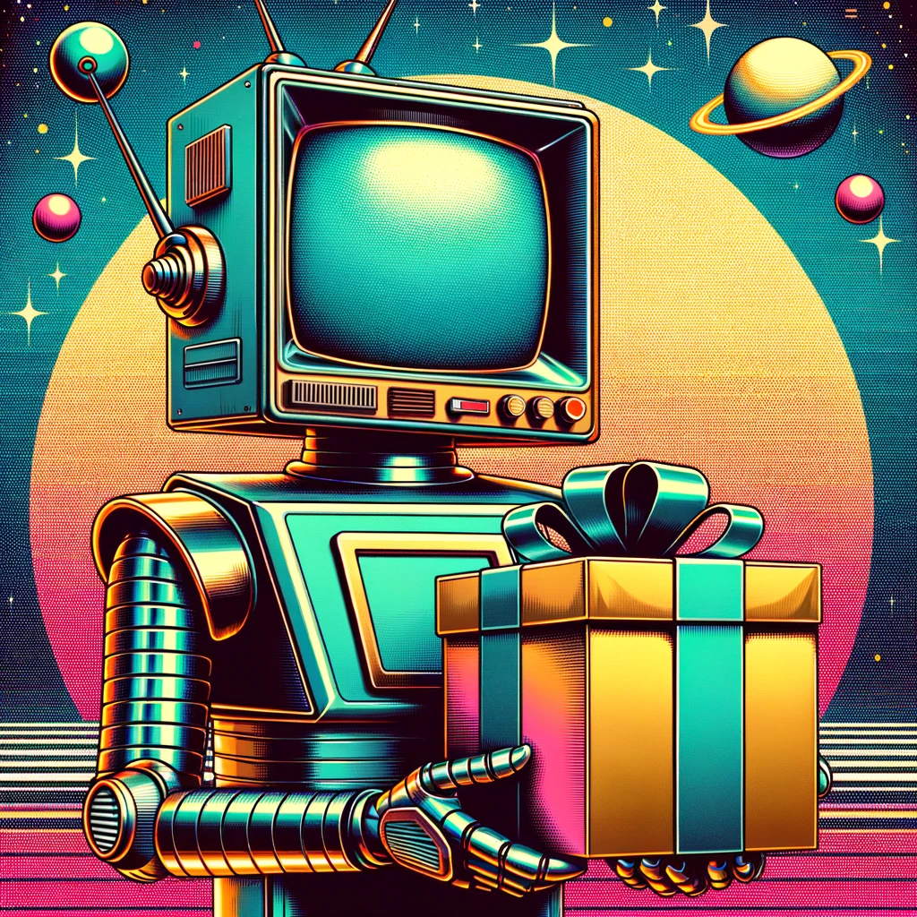 Colorful illustrated avatar of a vintage-style robot with a monitor head, holding a gift box, set against a cosmic background with planets, tagged with alpha system.