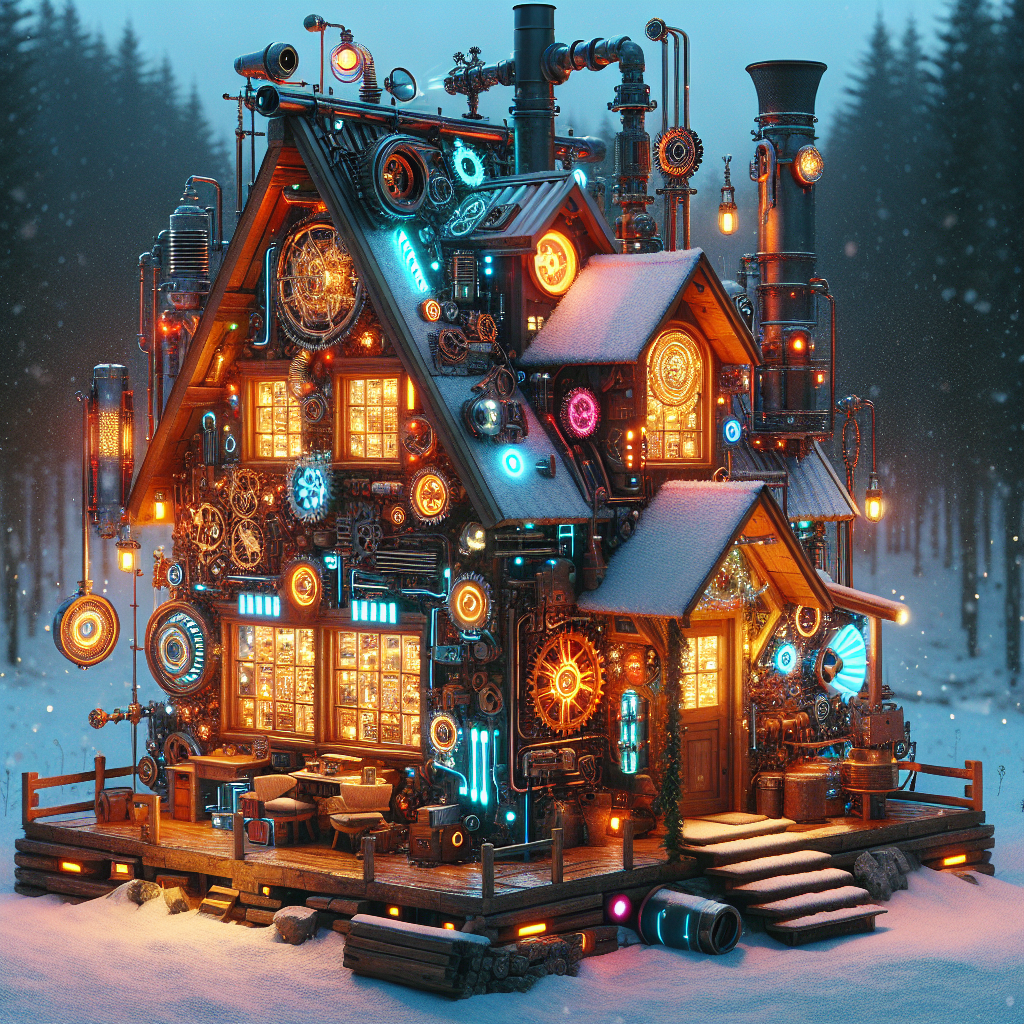 Steampunk-inspired cottage with illuminated gears and pipes in a winter landscape as an avatar.