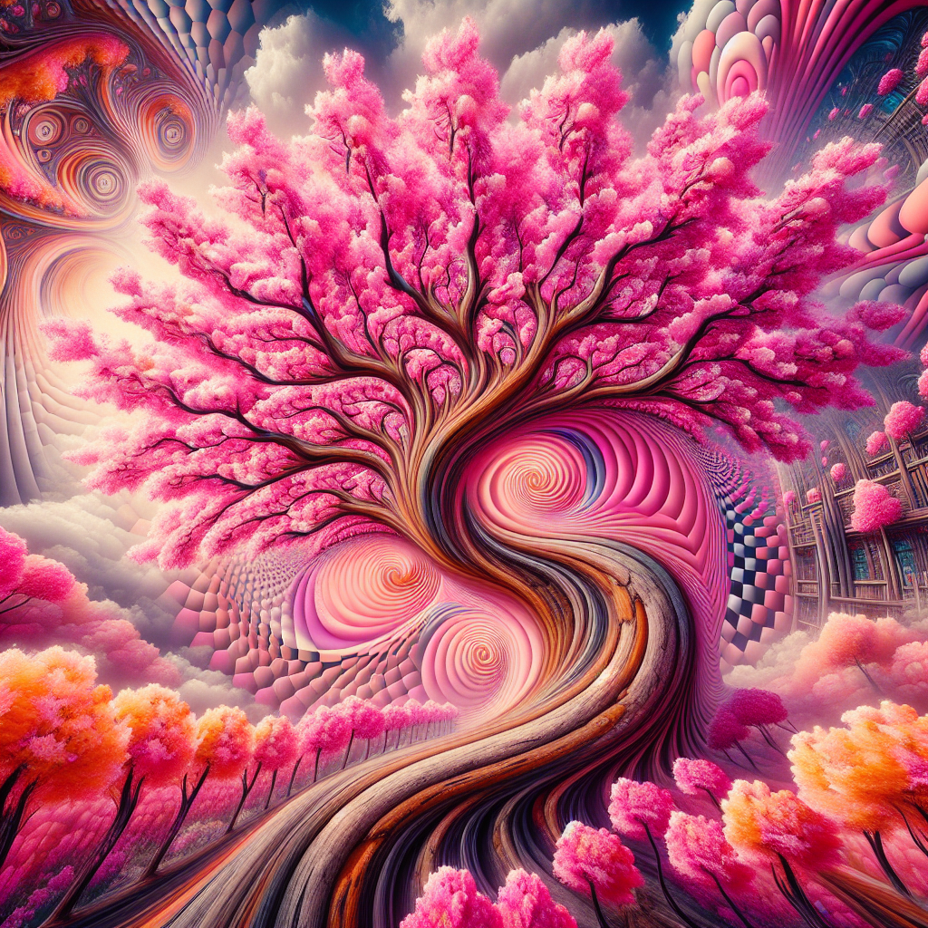 Stylized avatar featuring a vibrant cherry blossom tree with a surreal, artistic background.