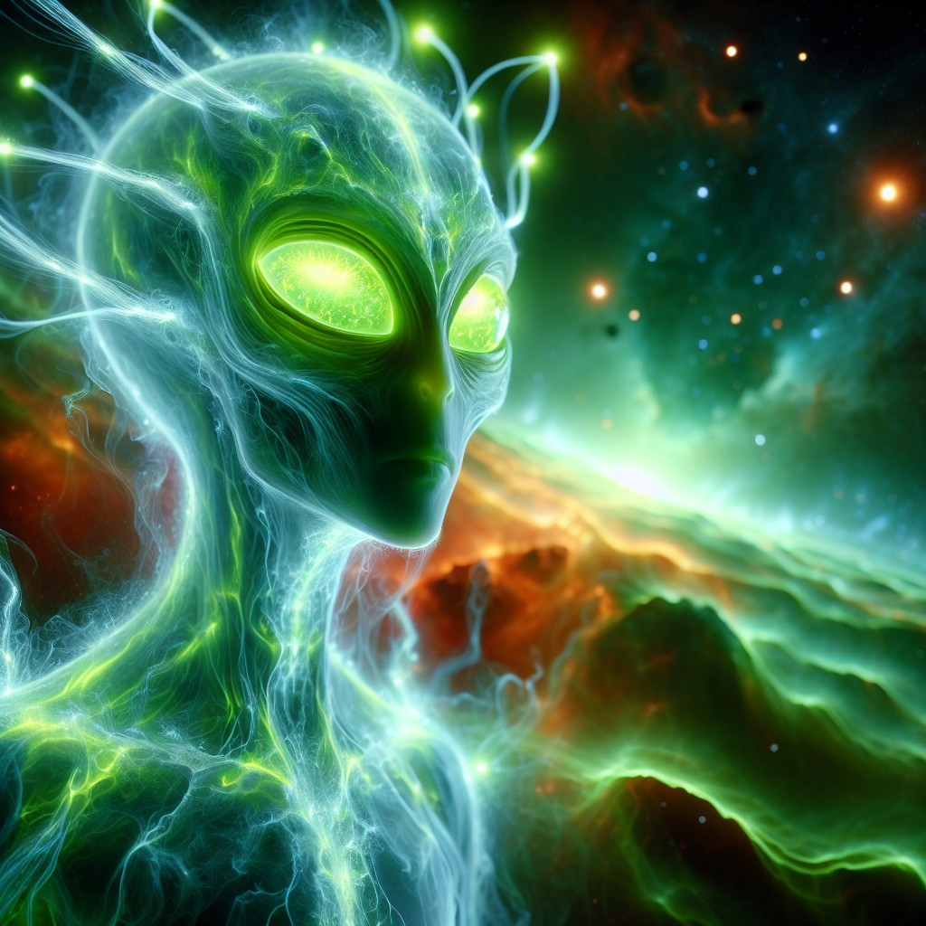 A vibrant extraterrestrial depicted with glowing green features, set against a cosmic background of stars and nebulae, serves as an intriguing forum avatar.