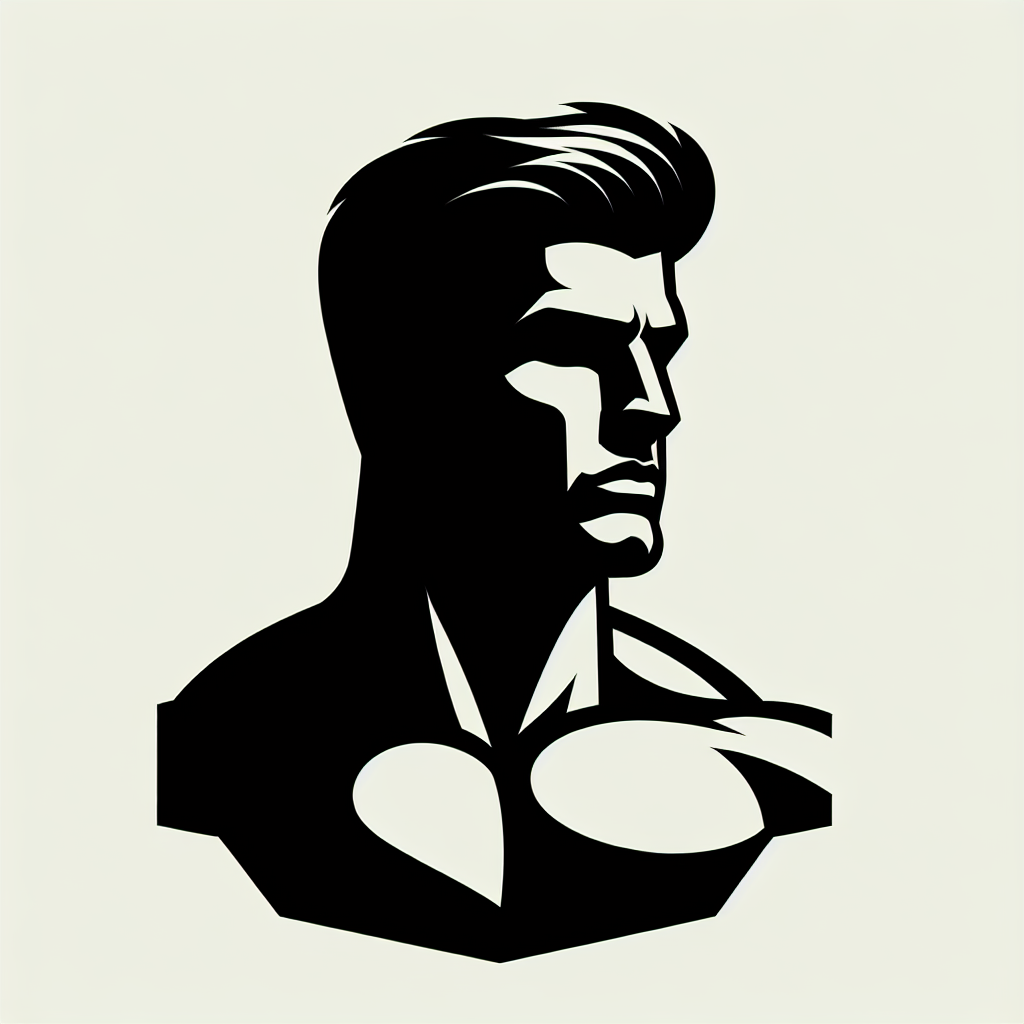 Stylized black and white avatar of a strong-jawed male figure with prominent features, often referred to as a Giga Chad profile picture.