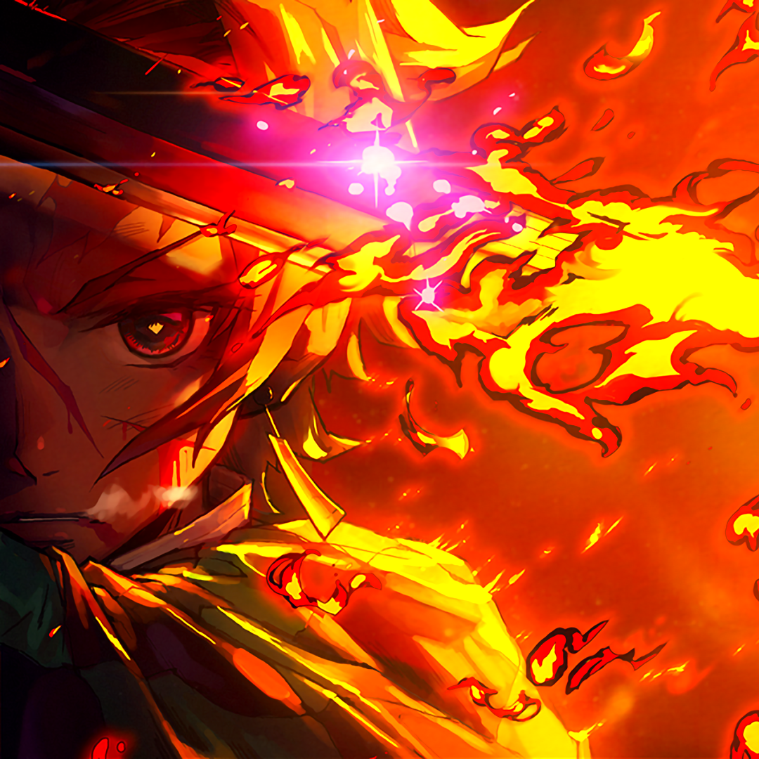 A vibrant forum avatar of Tanjiro Kamado surrounded by intense flames, highlighting his determined expression and fiery energy.