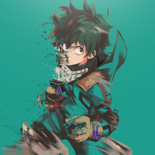 Forum avatar of Izuku Midoriya with a teal background, showing a dynamic pose and pixelated effect on the left side of the character.