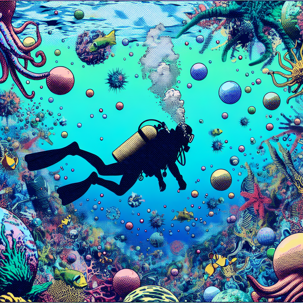 Avatar of a scuba diver exploring a vibrant, colorful underwater scene filled with exotic marine life and coral.
