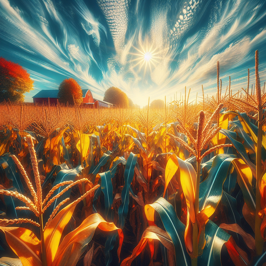 A vibrant cornfield stretches towards the horizon under a colorful sky, with sunlight illuminating rows of golden corn, suitable as a forum avatar.