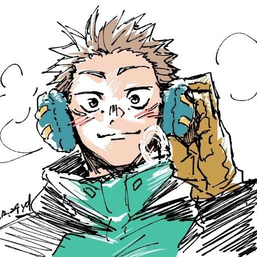 Fan-art avatar of Yuji Itadori in a sketchy style: smiling and blushing, wearing teal jacket and earmuffs, holding a yellow-gloved hand to his ear.