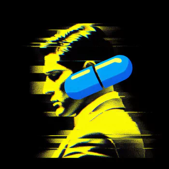 Stylized avatar featuring a silhouette with a blue capsule pill, set against a dynamic yellow and black background.