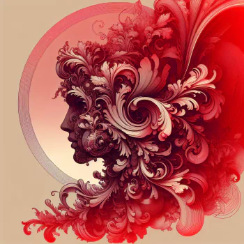 Stylized avatar profile picture featuring an intricate red and cream floral design morphing into a side profile silhouette.