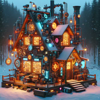 Steampunk-inspired cottage with illuminated gears and pipes in a winter landscape as an avatar.