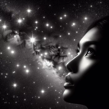 Profile photo of a woman gazing at a sparkling star-filled sky, depicting a surreal cosmic scene.