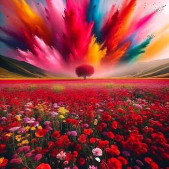 A vibrant field of flowers in full bloom, with a striking tree and an explosion of colorful hues in the sky, creates a stunning forum avatar.
