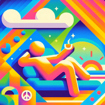 A vibrant, abstract illustration depicting a figure relaxing on a sofa, sipping a drink, surrounded by colorful patterns and playful elements, embodying a sense of relaxation.