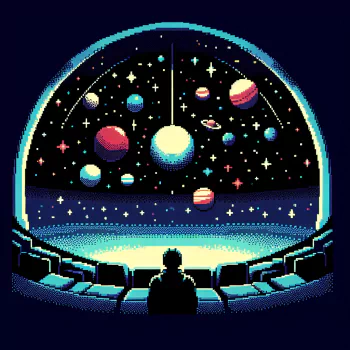Pixel art avatar of a person sitting inside a planetarium, gazing at a vibrant display of stars and planets on the dome ceiling.
