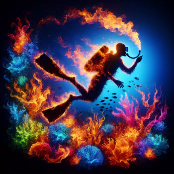 Colorful artistic avatar of a snorkeler silhouette against a vibrant, fiery underwater coral background for a profile picture.
