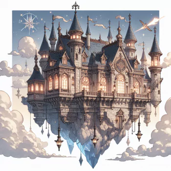 A whimsical flying castle suspended in clouds, adorned with towers and lanterns, serves as a captivating forum avatar. Its enchanting design evokes a sense of fantasy and wonder.