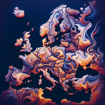 Abstract artistic rendition of Europe map as a colorful profile picture featuring swirling patterns in hues of orange, blue, and white.
