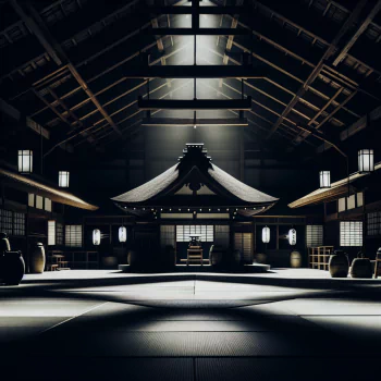 Digital avatar of a serene and traditional martial arts dojo interior with tatami mats and wooden architecture.