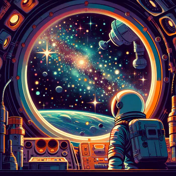 A vibrant forum avatar depicting an astronaut gazing out a spacecraft window at a stunning galaxy filled with stars and planets, celebrating the theme of space exploration.