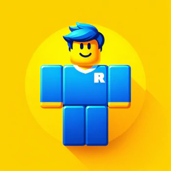 A colorful Roblox avatar featuring a smiling character with blue hair, wearing a blue outfit adorned with an R, set against a bright yellow background.