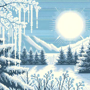 Winter landscape pixel art avatar featuring frosty trees, icicles, and sun over snow-capped mountains.
