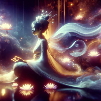 Serene avatar of a meditative figure with luminous flowers for a profile picture emphasizing relaxation.