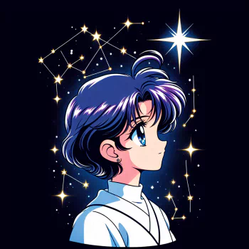 Avatar of a character with dark blue hair against a cosmic background featuring star constellations and sparkles.