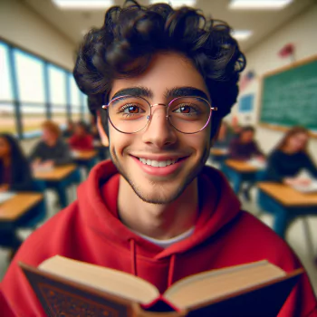 Smiling student avatar with glasses holding a book in a classroom setting for a profile picture.