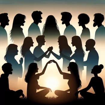 Profile photo depicting silhouettes of diverse people interacting harmoniously around a glowing sunset, symbolizing friendship.