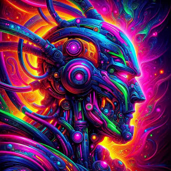 Vibrant mecha-themed avatar with a colorful, intricate robot head design against a swirling psychedelic background.