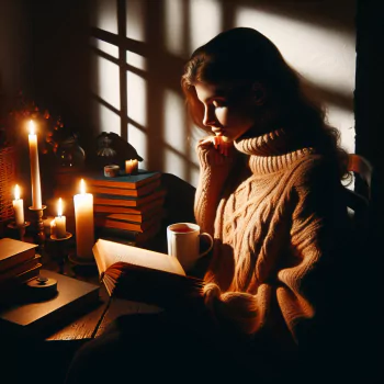 A cozy forum avatar featuring a woman reading by candlelight, wrapped in a knit sweater, surrounded by books and a warm drink, creating an inviting atmosphere.