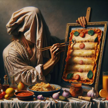 Artistic avatar of a person painting a portrait of lasagna surrounded by Italian cuisine ingredients.