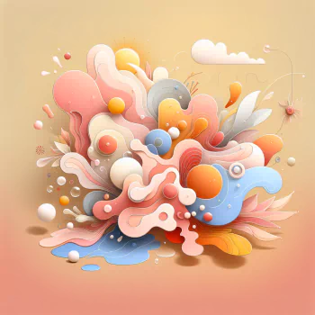 Abstract colorful avatar with a dynamic explosion of pastel shapes and elements on a warm gradient background.
