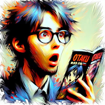 Colorful avatar of a surprised otaku holding a manga with the word 'OTAKU' on the cover, styled for a profile picture.