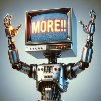 Stylized robot avatar with a vintage television head displaying the word 'MORE!!' for an Alpha System profile picture.