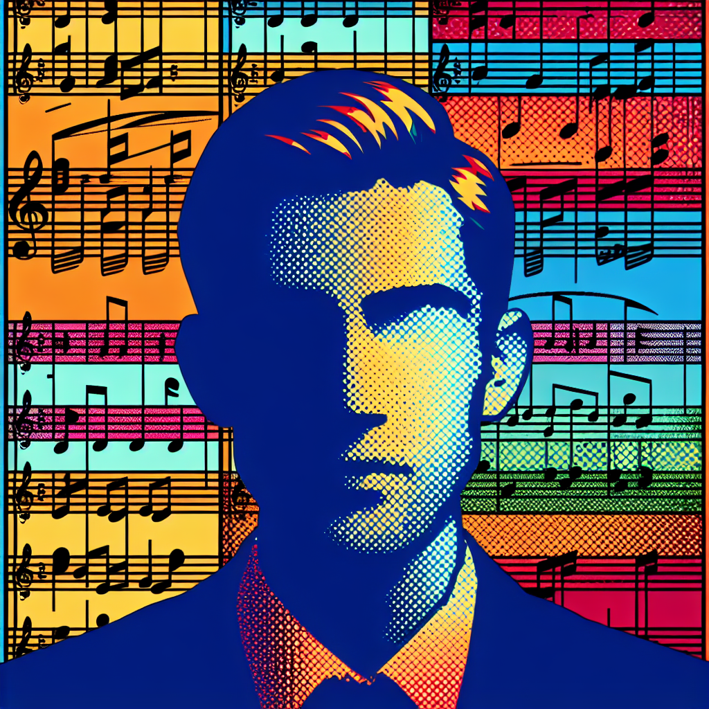 Colorful avatar with silhouette of a person against a background of sheet music notes.