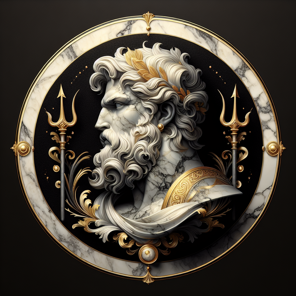 Stylized avatar of Neptune featuring a marble-like bust with a trident and shell, set within an ornate circular frame, ideal for profile picture use.