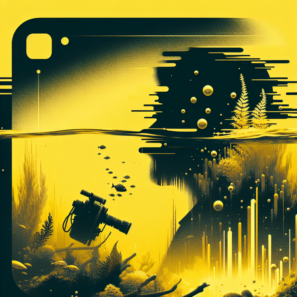 Stylized avatar of underwater photography scene with camera, bubbles, and aquatic plants in a yellow monochrome palette.