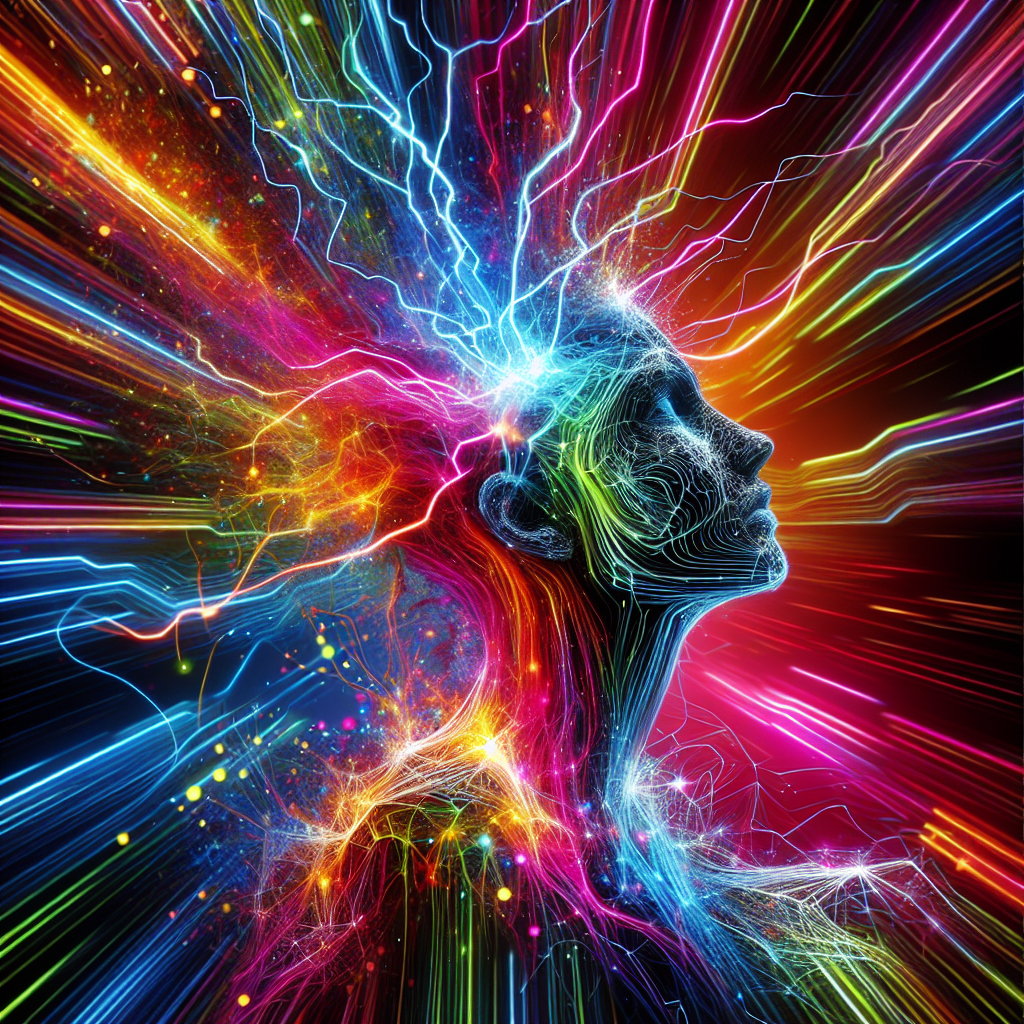 Vibrant profile picture depicting a human silhouette with neon bursts and fractal lines symbolizing mental stress.