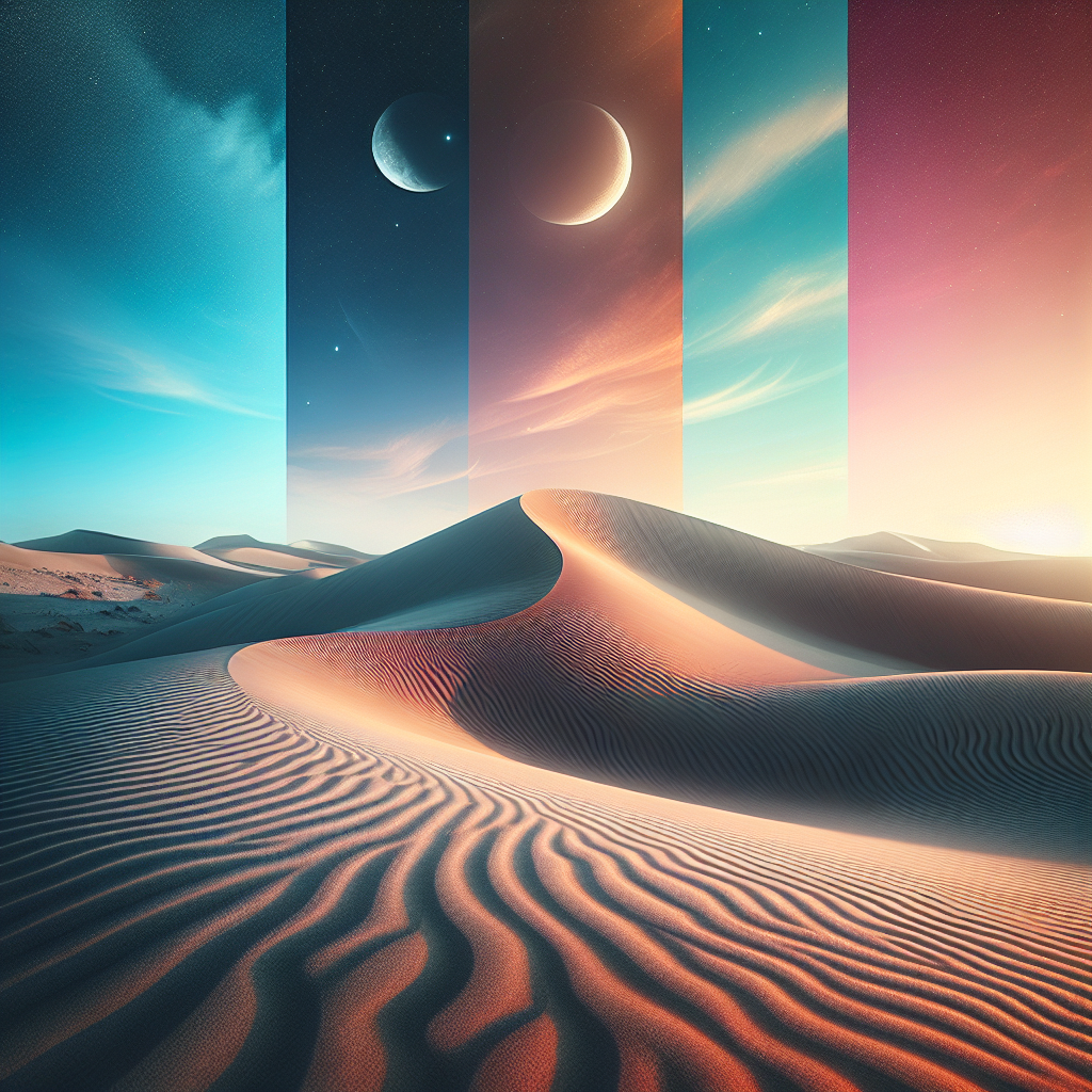 Fantasy sand dune avatar with a surreal gradient sky transitioning from day to night and multiple celestial bodies.