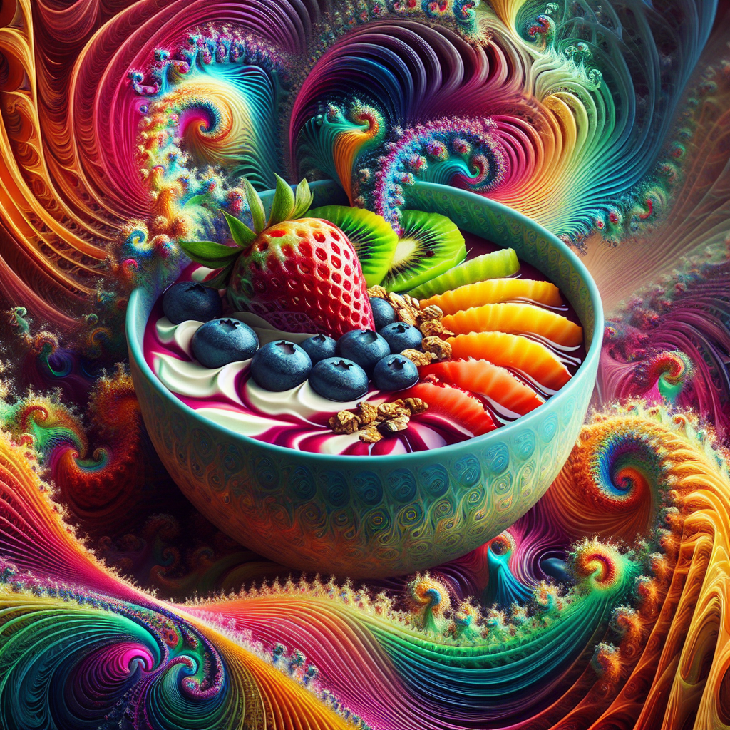 Colorful acai bowl avatar with vibrant fruits and psychedelic background.